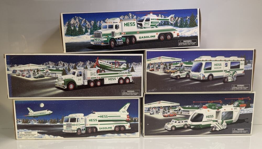 Brand New Hess Toy Trucks Lot 5 NIB - Helicopter, Space Shuttle, RV, Gasoline